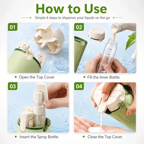 2 Pack 4 in 1 Travel Dispenser Bottle Four One Items Toiletry Containers Shampoo for Toiletries 4in -1 Soap 4-in-1 Leak Proof Rotatable Setpump Creams Sized TSA Refillable Lotion Cosmetic to Fill - color: Green+white