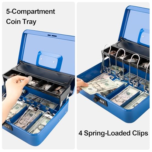 Jssmst Metal Cash Box with Money Tray and Lock, Portable Cash Drawer, 11.8" - color: Blue Code-A