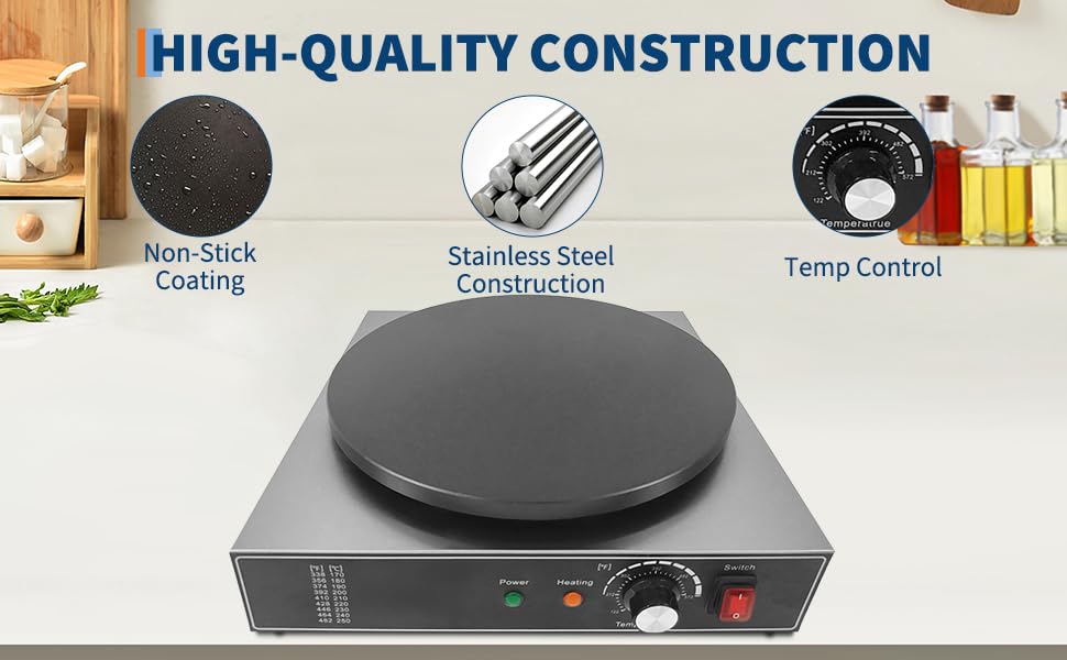 16 Inch Commercial Electric Crepe Maker – Non-Stick Flat Griddle – Accurate Temperature Control & Gauge Lights – 1750W 110V – Perfect for Pancakes & Omelets – Home & Restaurant Use – Single - size: Single Plate