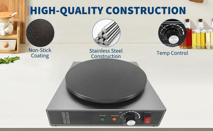 16 Inch Commercial Electric Crepe Maker – Non-Stick Flat Griddle – Accurate Temperature Control & Gauge Lights – 1750W 110V – Perfect for Pancakes & Omelets – Home & Restaurant Use – Single - size: Single Plate