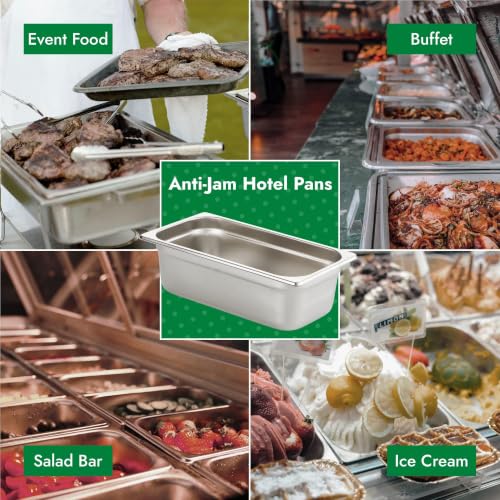 HECMAC 6 Pack Anti-Jam Hotel Pans, 1/3 Size 4 Inch Deep, Commercial Stainless Steel Chafing Steam Table Pan, Catering Storage Metal Food Pan, 23 Gauge - size: 1/3 Size, 4" Deep