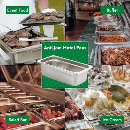 HECMAC 6 Pack Anti-Jam Hotel Pans, 1/3 Size 4 Inch Deep, Commercial Stainless Steel Chafing Steam Table Pan, Catering Storage Metal Food Pan, 23 Gauge - size: 1/3 Size, 4" Deep