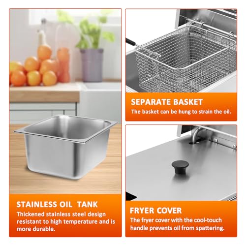 Commercial Deep Fryer with Basket, 12.7QT/12L, Detachable Large Capacity Stainless Steel Countertop Electric Oil Fryer with Temperature Control for Restaurant or Home Use