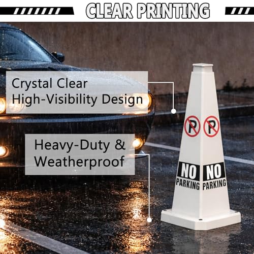 BESEA No Parking Cones 3 Pack, 28 Inch Heavy Duty Weighted Parking Cones - color: White, size: 28INCH With Caution Sign