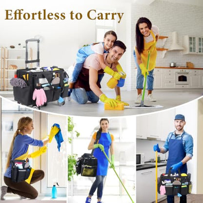 Rolling Cleaning Caddy Bag with Detachable Trolley, Multi-Functional Portable Cleaning Cart Supplies Organizer for Housekeeping and Domestic Cleaning, Cleaning Caddy with Wheels, Black - color: Black