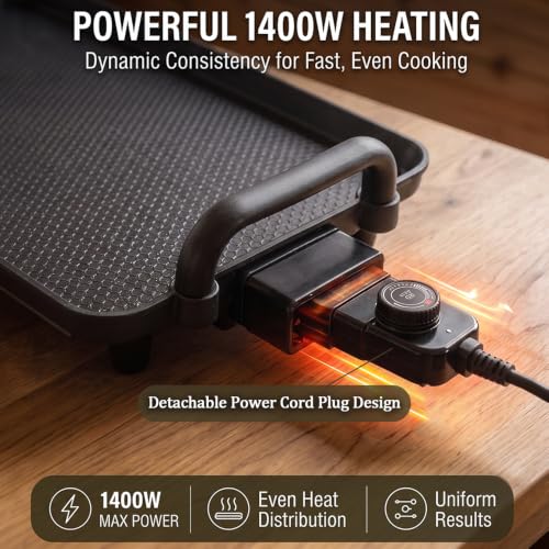 PineyPlace Electric Griddle for Bacon, Eggs, Pancake, Breakfast and Camping Grilling, 1400W NonStick Flat Top Indoor Grill, 5 Adjustable Temperatures, Dishwasher Safe, Black, 22.83 x10.24inches