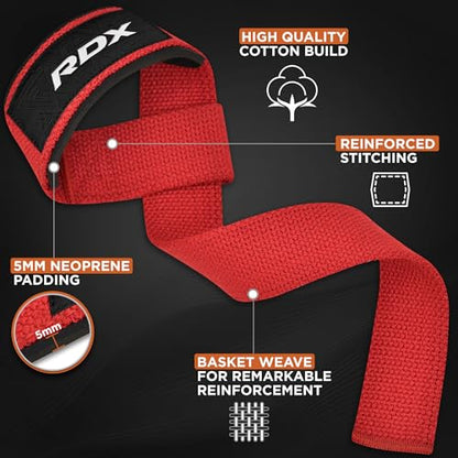 RDX Lifting Straps for Weightlifting –100% Cotton Heavy Duty Gym Wrist Strap with 5MM Neoprene Padding, 60CM Anti-Slip Hand Grip Wraps for Deadlifts Powerlifting Workouts Strength Training, Men Women - color: Red