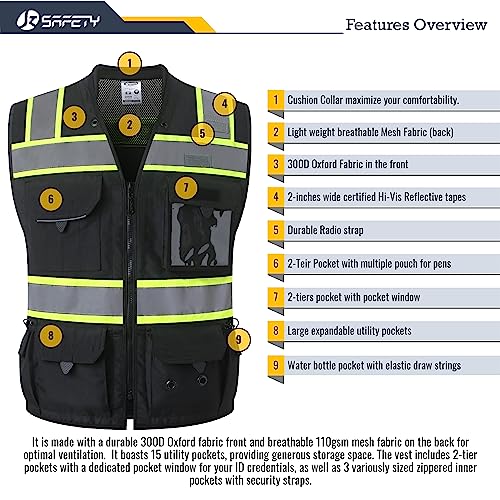 JKSafety Hi-Vis Unisex Surveyor Safety Vest Heavy Duty PPE Inner Pockets ANSI/ISEA Compliant - color: 188-black, size: XX-Large