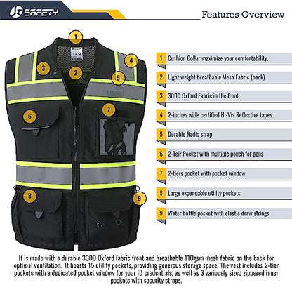 JKSafety Hi-Vis Unisex Surveyor Safety Vest Heavy Duty PPE Inner Pockets ANSI/ISEA Compliant - color: 188-black, size: XX-Large