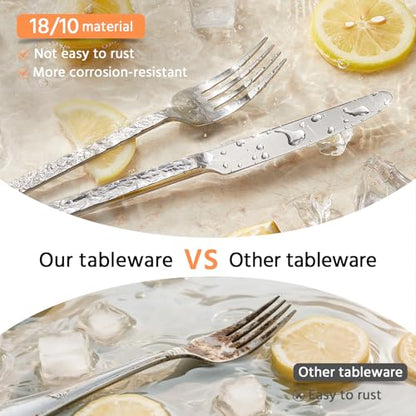 20 Pcs Hammered Silverware Set for 4, 18/10 Stainless Steel Flatware - color: Silver, size: 20-Piece