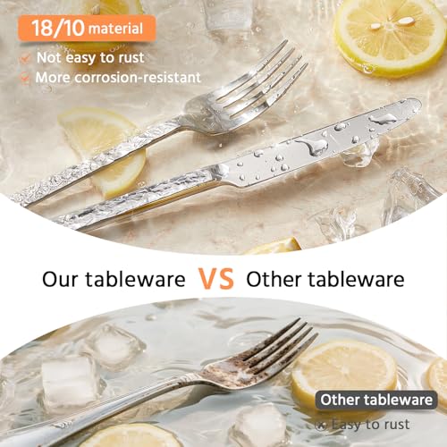 40 Pcs Hammered Silverware Set for 8, 18/10 Stainless Steel Flatware - color: Silver, size: 40-Piece