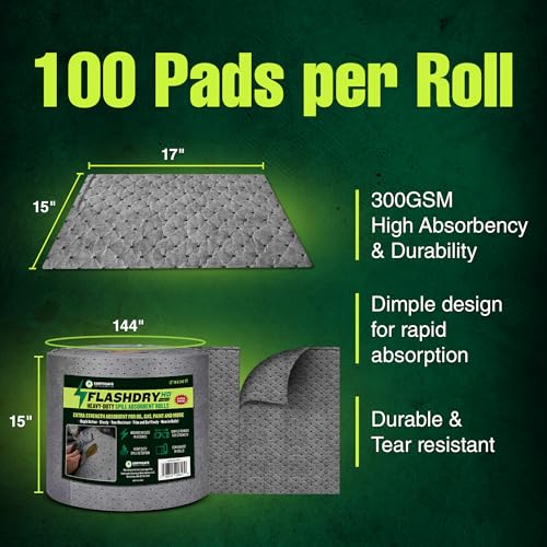 FLASHDRY Universal Heavy Duty Spill Absorbent Roll Pads, 15" x 144 ft - size: Roll of 100 Pads - 4mm
