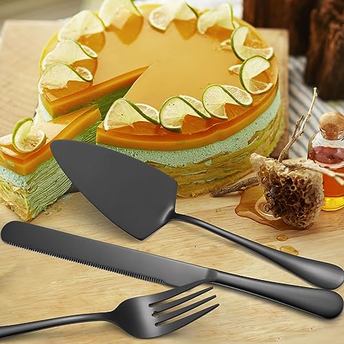 AARAINBOW Exquisite 8 Pieces Serving Utensils Set, Stainless Steel Serving Utensils Large Hostess Serving Set with Serving Spoons, Serving Tongs, Serving Fork, Cake Knife for Parties Buffet (8 Black)… - color: Black