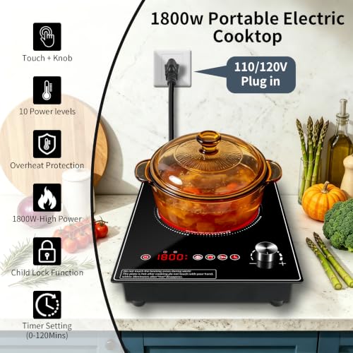 Single Burner Electric Cooktop, 1800W Electric Stove Top，portable cooktop with LED Touch Control,10Power Levels, 4H Timer, Safety Lock, single burner cooktop Overheat protection - size: single Electric Cooktop