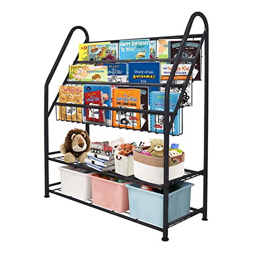 aboxoo Metal Kids Bookshelf Black Large Freestanding for Children Room 32 in Toy Organizer Large Stable Bookcase Bookstore Library Book Unit Storage Kids Bed Living Room - color: Black, size: Large