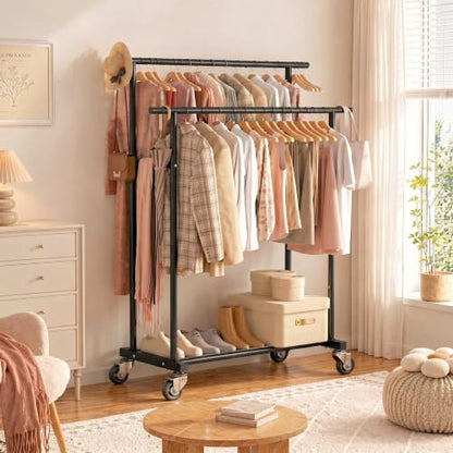 Calmootey Rolling Garment Rack, Sturdy Clothes Organizer for Bedroom - color: Black, style: Double Rods