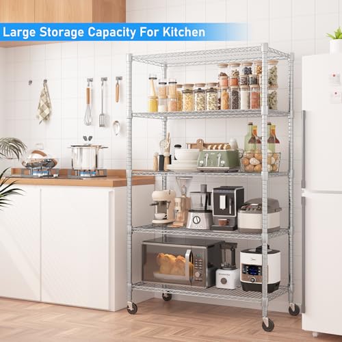 Homdox Heavy Duty Storage Shelves, 5 Tier Wire Shelving Unit with Wheels, Commercial Adjustable Metal Shelves for Storage, Garage Rack Pantry Shelves Kitchen Shelving, 18"x36"x82", Chrome - color: Chrome, size: 18"Dx 36"Wx 82"H, 5 Tier