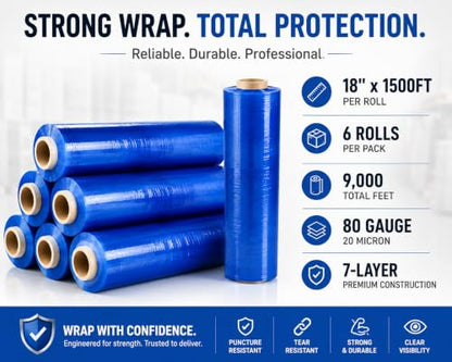 18" Stretch Wrap Film, 1500 ft, 80 Gauge (20 Micron), 7-Layer Clear Pallet Wrap, Up to 80% Stretch, Self-Adhering Heavy-Duty Moving & Packing Film, 6 Rolls (Blue, 18 inch x 1500 feet) - color: Blue, size: 18 in x 1500 ft - 6 Rolls