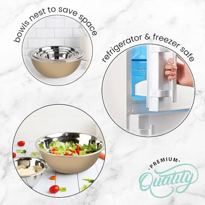 WHYSKO Stainless Steel Mixing Bowls Set, 5-Piece Meal Prep & Food Storage - color: Khaki