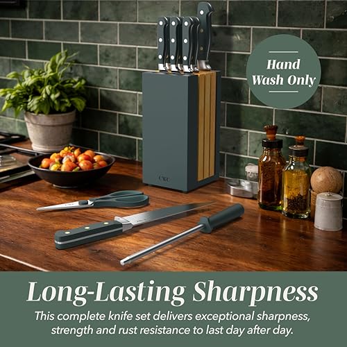 COOK WITH COLOR 14 Pieces Kitchen Knife Block Set, Knives for Kitchen, Forged Cutlery with Razor-Sharp High Carbon Steel Blades, Magnetic Block - color: Green