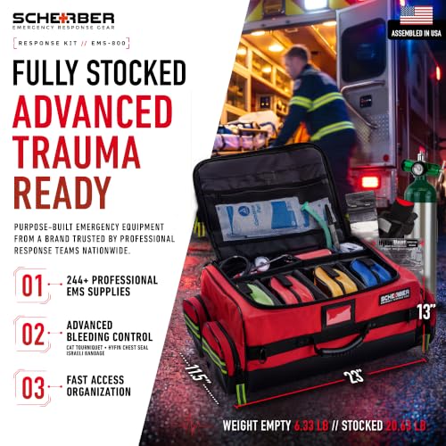 Scherber Fully-Stocked Premium First Responder Bag | HSA/FSA Approved | Large Pro EMT/EMS Trauma, Bleeding & Oxygen Medical Kit | CAT Tourniquet, HyFin Chest Seal & 250+ First Aid Supplies (Red) - color: Red