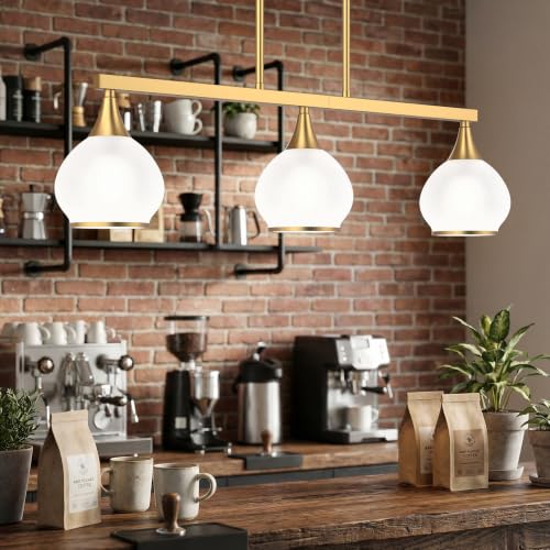 Phaosio Brushed Gold Kitchen Island Linear Pendant Light, 3-Light - color: Gold (White Glass Shades), size: 3-Light