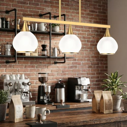 Phaosio Brushed Gold Kitchen Island Linear Pendant Light, 3-Light - color: Gold (White Glass Shades), size: 3-Light