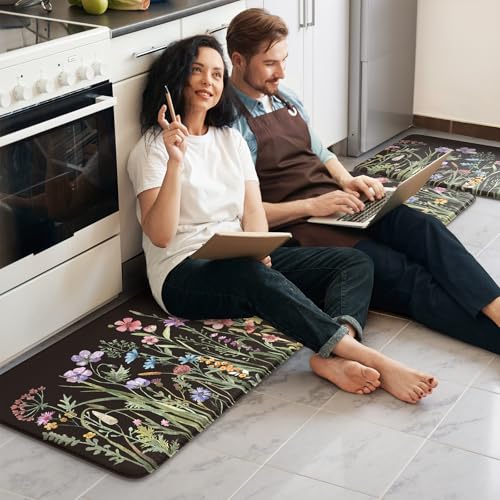 KIMODE Kitchen Mats Cushioned Anti Fatigue, Black Farmhouse Kitchen Rugs - color: Floral/Black, size: 59"L x 17.3"W x 0.47"Th + 29"L x 17.3"W x 0.47"Th