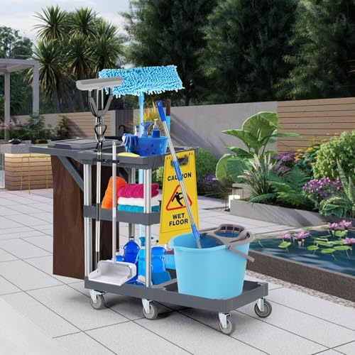 CABIHOME Commercial Janitorial Cleaning 3-Shelf Cart on Wheels, 300 lb Capacity, Custodial Cart Housekeeping Carts with Cover and 25 Gal Vinyl Bag, 22" D x 51" W x 37" H, Gray