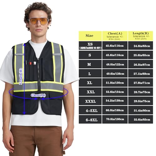 A-KSAFETY High Visibility Safety Vest for Men Women with Pockets and Zipper - color: Black, size: 7X-Large