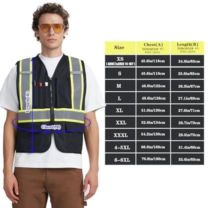 A-KSAFETY High Visibility Safety Vest for Men Women with Pockets and Zipper - color: Black, size: 7X-Large