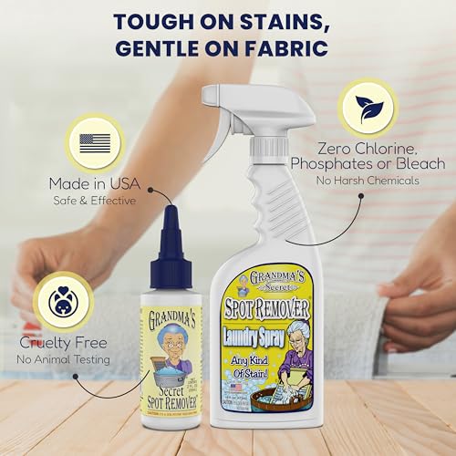 Grandma's Secret Spot Remover for Clothes - Chlorine, Bleach and Toxin-Free - Fabric Stain Remover Removes Oil, Paint, Blood and Pet Stains – 2 Ounce, Pack of 2 - size: 2.00 Fl Oz (Pack of 2), style: Spot Remover