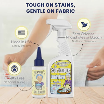 Grandma's Secret Spot Remover for Clothes - Chlorine, Bleach and Toxin-Free - Fabric Stain Remover Removes Oil, Paint, Blood and Pet Stains – 2 Ounce, Pack of 2 - size: 2.00 Fl Oz (Pack of 2), style: Spot Remover