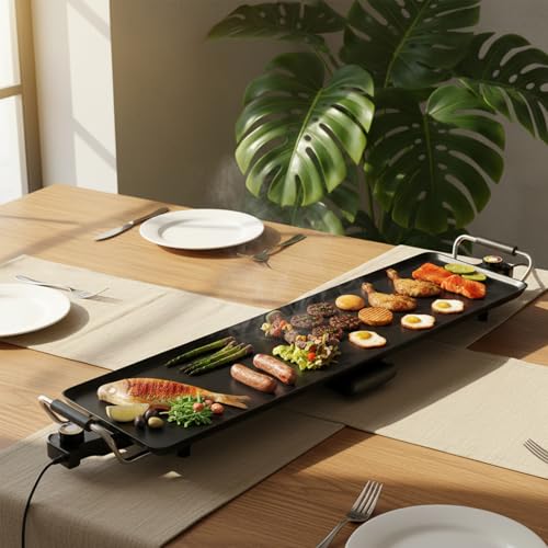 Costzon 35.5" Electric Griddle, 1400W Nonstick Extra Large Griddle, Long Table Top Grill w/5-Level Temp & Drip Tray, Indoor Outdoor Cooking Plates Teppanyaki Grill for Pancake, BBQ, Camping Gatherings - size: 35.5"