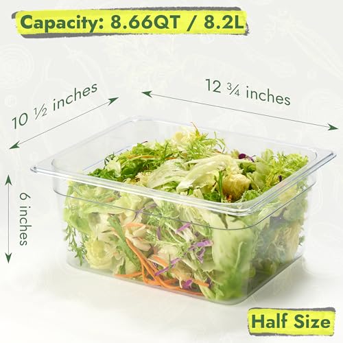 CURTA 4-Pack 1/2 Size 6" Deep NSF Polycarbonate Food Pans with Handled Lids & Drain Trays | Dishwasher & Freezer Safe Clear Container for Prep Tables, Buffet, Salad Bar, Commercial & Home Kitchen - color: 1/2 Size, size: 6" Deep Pan with Lid