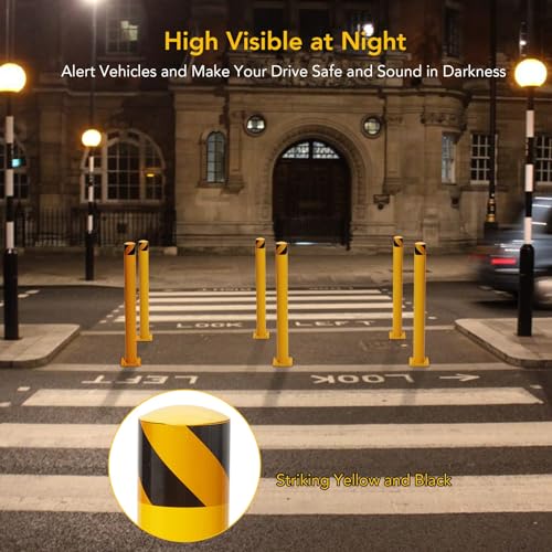 4-Pack 42 Inch Steel Safety Bollards, 4.5 Inch Diameter Parking Bollard Post with 16 Anchor Bolts, Yellow Safety Steel Bollard Post for Driveway Barrier, Traffic Control & Storefront Protection - size: 42 Inch
