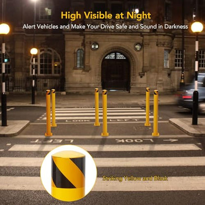 4 Packs 42 Inch Safety Bollard Post, 4.5 Inch Diameter Steel Pipe Bollard with 16 Anchor Bolts, Heavy Duty Yellow Steel Bollard for Parking Lot Security, Driveway Barrier, Warehouse Entrance - size: 42 Inch