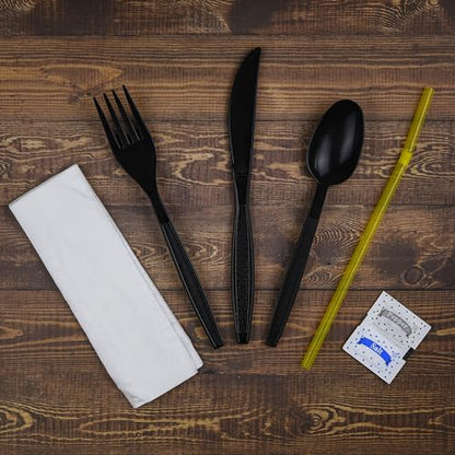 100 pack | Individually wrapped Cutlery set | BlackHeavy Duty Cutlery | Utensil set with Fork, spoon, knife, Napkin, Straw and Salt/Pepper packets (6 in 1) | Plastic Disposable Flatware Cutlery Kits - color: Black