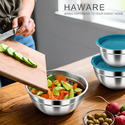 HaWare Mixing Bowls with Airtight Lids, 6-Piece Stainless Steel Salad Bowls - color: Teal Blue, size: Airtight Lids