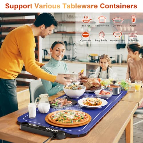 Warming Mat for Food, (XXL 35”x16”) Electric Warming Trays, Upgrade Graphene Fast Full-Surface Heating Mat for Food with 6 Level Temp, 6 Hours Timer, Food Warmer Pad with Heat-Insulating Mat - color: Blue