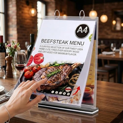 2Pcs Table Flip Menu Holder with 6 Pages Sleeve, 8.5" X 11" Tabletop Sign Signage Vertical Display Stand with Base, Suction Cups, Paper Cutter, Rotating Binders Rack, for Photo, Bar, Job Fair