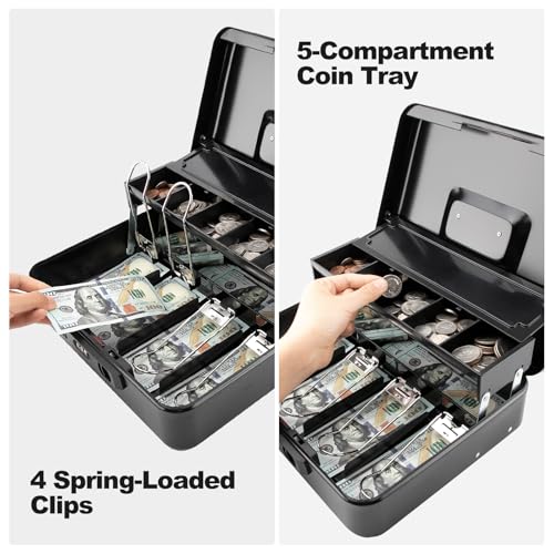 Cash Box with Snap Latch Combination Lock and Sliding Coin Lid, Secure Cash Box with Money Tray and Lock, Durable Safe Money Box for Home and Office,Black,11.8"L x 9.5"W x 3.5"H - color: True Black