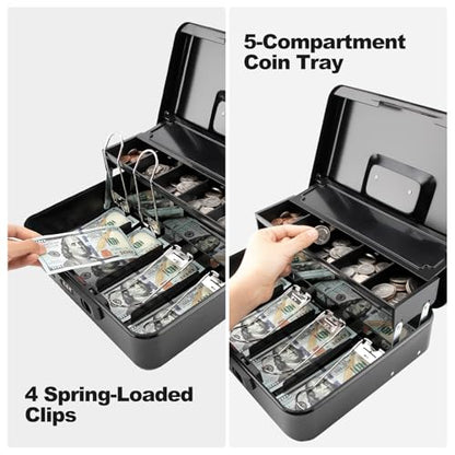 Cash Box with Snap Latch Combination Lock and Sliding Coin Lid, Secure Cash Box with Money Tray and Lock, Durable Safe Money Box for Home and Office,Black,11.8"L x 9.5"W x 3.5"H - color: True Black