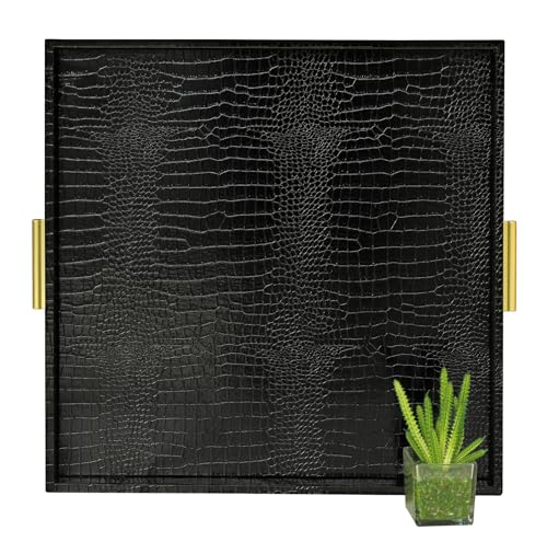 HofferRuffer Extra Large Square Serving Tray, Elegant Faux Leather Ottoman Tray with Gold Hardware Handles, Serve Tea, Coffee or Breakfast in Bed, 24 x 24 inches (Black Croco) - color: Black Croco, size: 24" x 24" x 2"