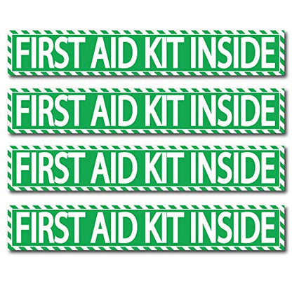 (4 pack) First Aid Kit Inside Stickers 1.5" x 9" Self Adhesive Industrial Vinyl Decal Signs For Trucks, Equipment, or Business