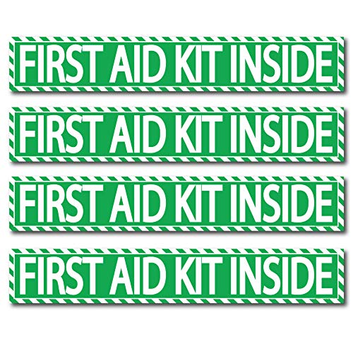 (4 pack) First Aid Kit Inside Stickers 1.5" x 9" Self Adhesive Industrial Vinyl Decal Signs For Trucks, Equipment, or Business