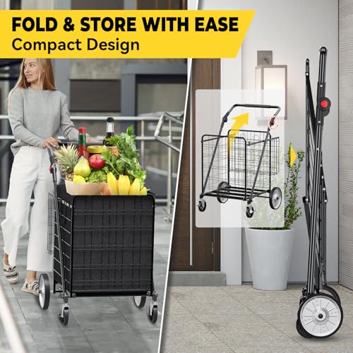 XINGLANG Heavy Duty Folding Shopping Cart – 5.7 Cu Ft, 600 lbs Capacity, Double Basket & Removable Waterproof Liner, 360° Swivel Wheels with Brakes, Adjustable & Rotating Handle for Laundry & Grocery - size: Gigantic