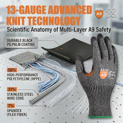 Donfri Level 9 Cut Resistant Work Gloves, Reinforced Thumb - size: X-Large