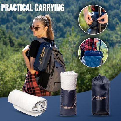alkamto Travel & Camping Comfortable Memory Foam Pillow – Easy to Carry Portable Bag – Temperature Regulating Pillow Case - size: 13.7 x 11.8 x 3.9 / 3.14 In - White + Extra Cover