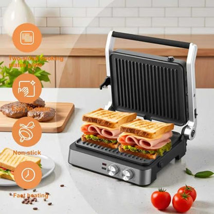 Panini Press,4 Slices Contact Grill with Removable Non-Stick Coated Grill and Flat Plates,Panini Makers with Temperature Control and Timer,Open 180 Degrees,Grill and Griddle (Silver wtih Full SUS) - color: Silver wtih Full SUS